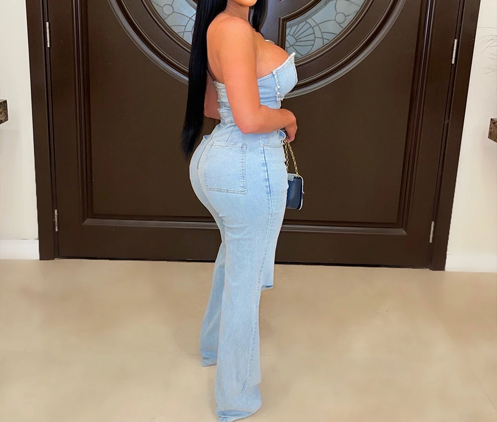 Denim Women Jumpsuit Sexy Hollow Hole Zipper Long Chest Wrapped Y2k Sleeveless Jump Suit for Female Streetwear Summer 2024 New