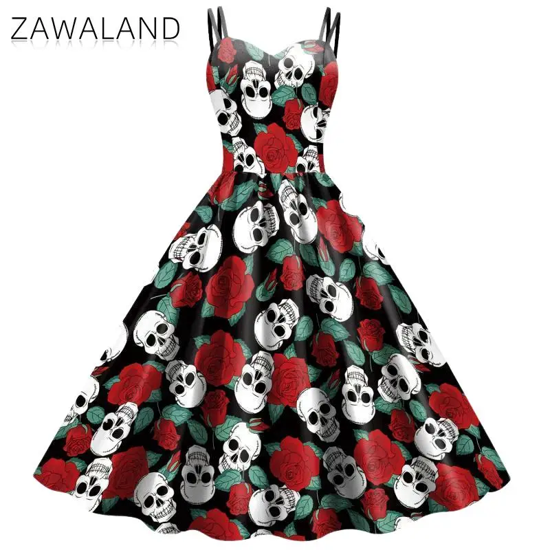 Cosplay Costume Girls Party Dress Zawaland Halloween Fancy Skeleton Rose Print Women Dress Girl Carnival Party Dresses Female Goth Horror Costume Rockabilly Dress