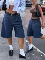 Casual Comfort Wide Leg Denim Shorts Women's Solid Minimalist Pleated Slant Pocket Bermuda Knee Length Jorts Summer Mom Shorts