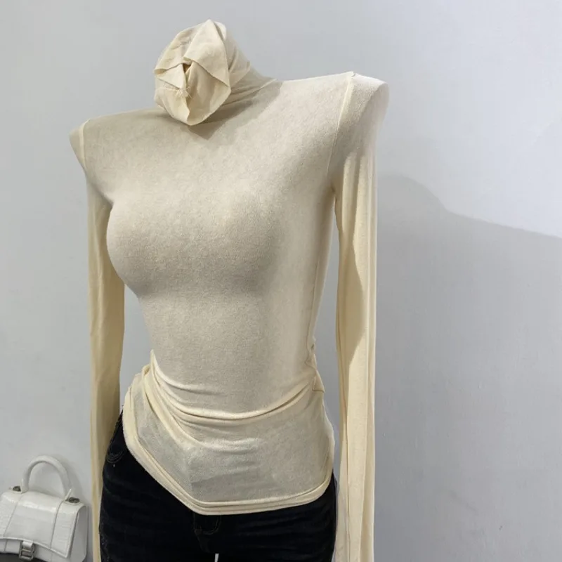 

Прозрачная нижняя рубашка, женские облегающие топы, пикантная уличная одежда, тонкая мягкая Американская футболка с длинным рукавом, облегающая футболка с высоким многослойным воротником