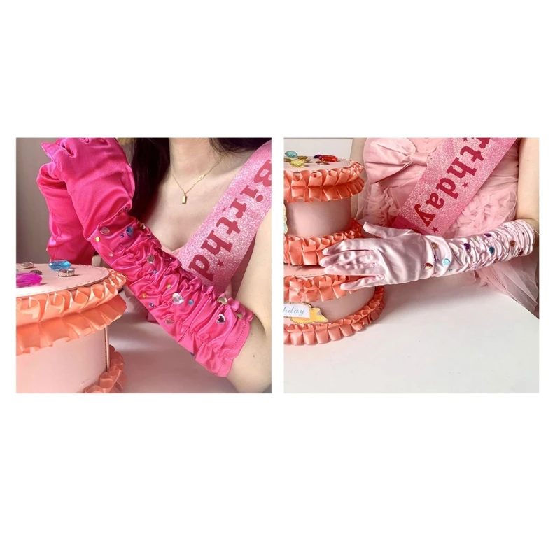 

Bride Pink Gloves Princess Dancing Gloves Party Masquerade Accessory Full Finger Stretchy Gloves Photo Props