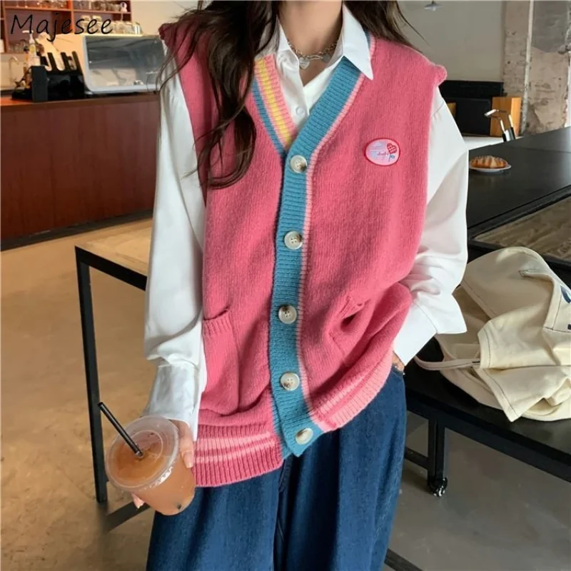 

Sweater Vests Women V-neck Patchwork Sleeveless Knitwear Vintage Korean Style Loose Preppy Schoolgirls Sweet Harajuku All-match