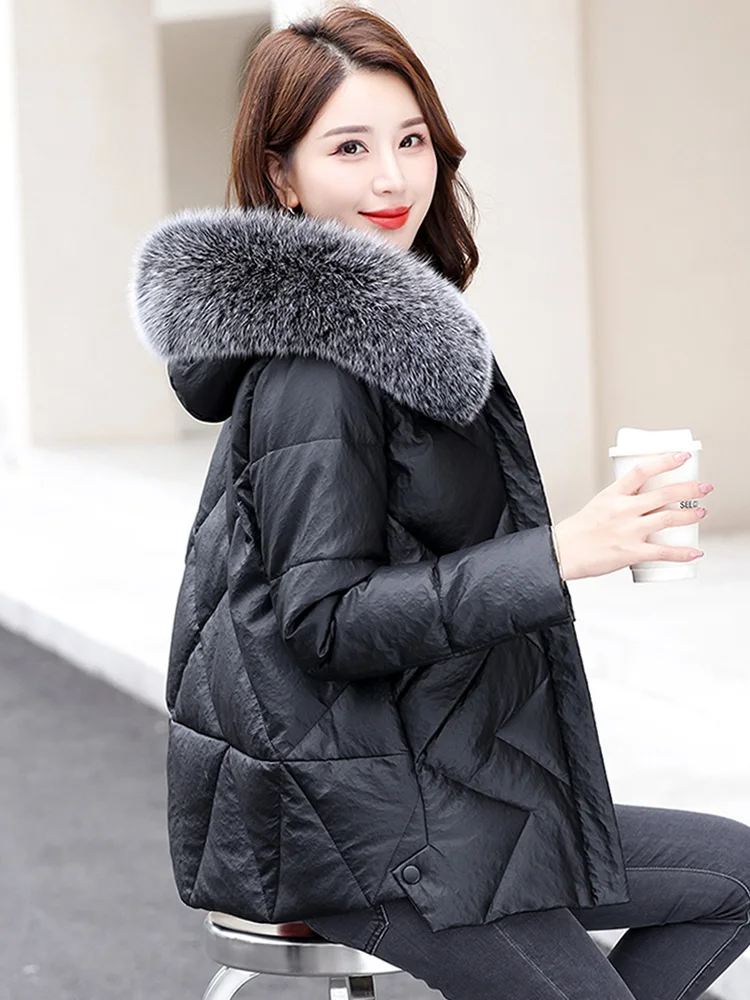 New Women Sheep Leather Down Jacket Winter Fashion Warm Hooded Real Fox Fur Collar Loose Leather Coat Casual Thicken Outerwear
