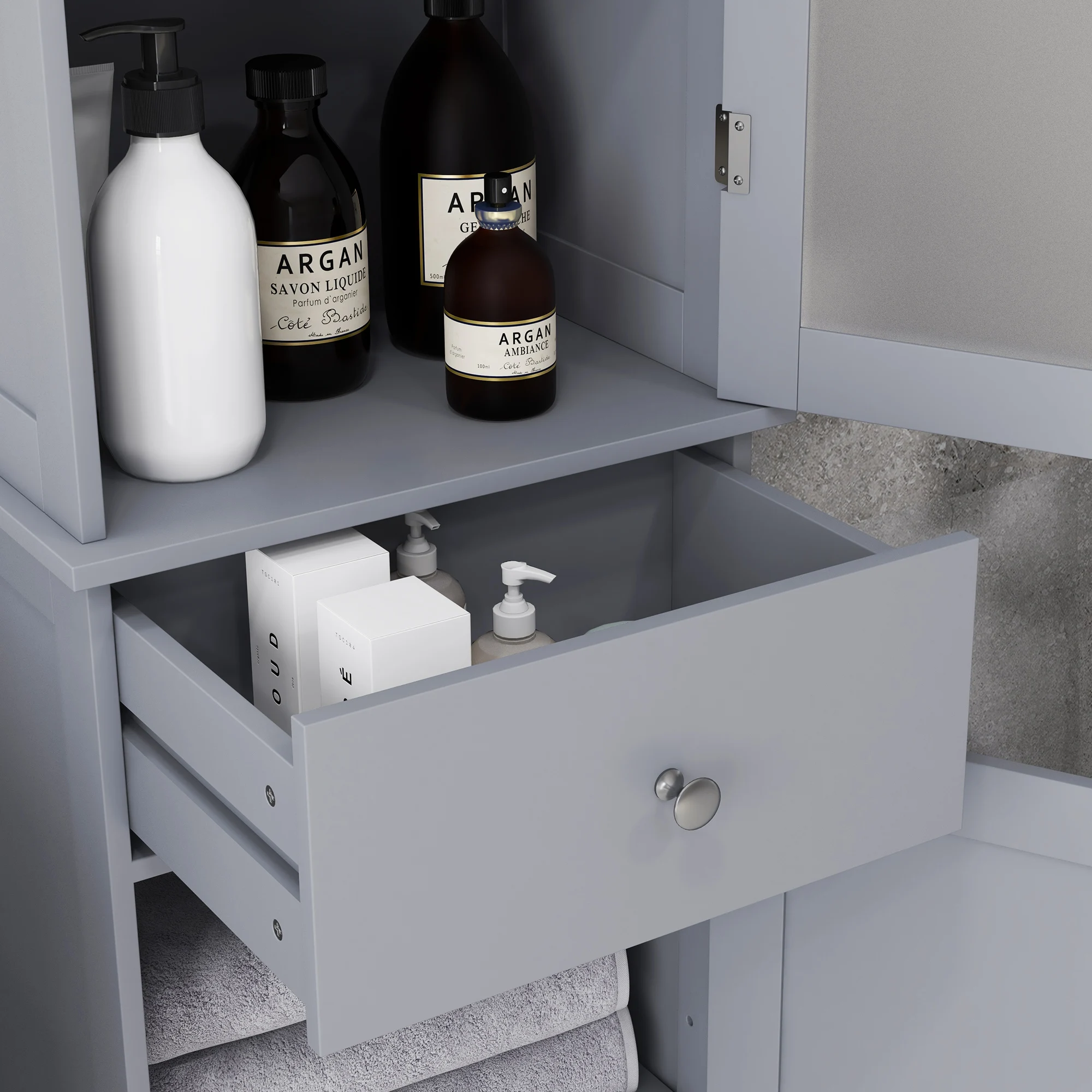 Kleankin Slim Bathroom Storage Cabinet, Tall Bathroom Cabinet, Narrow Linen Tower with Acrylic Door, Drawer and Shelves, Gray 5
