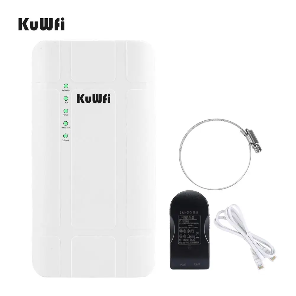 KuWFi 야외 4G LTE 라우터, 고전력 300Mbps 무선 CPE 라우터, CAT4 와이파이 라우터, 24V POE 어댑터, IP 카메라용