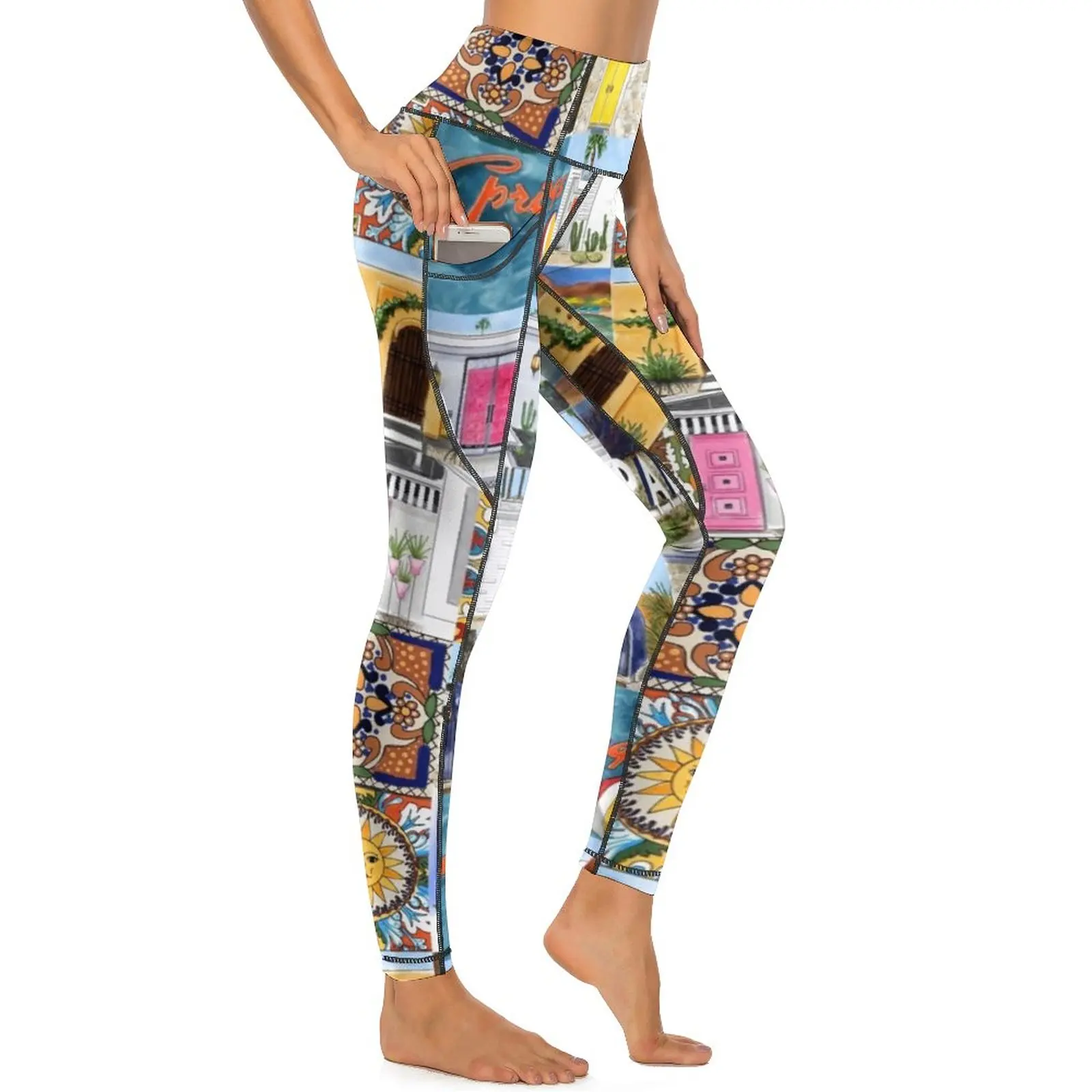 

Mid-Century Yoga Pants With Pockets Palm Springs Talavera Leggings Sexy Push Up Retro Yoga Sports Tights Elastic Pattern