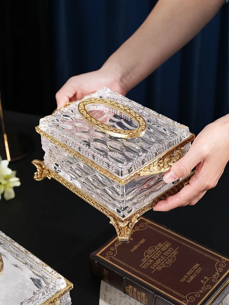 Crystal Glass Tissue Box Golden Brass Transparent Paper Box Household Kitchen Storage Vintage Desktop Tissue Holder Accesorios 4