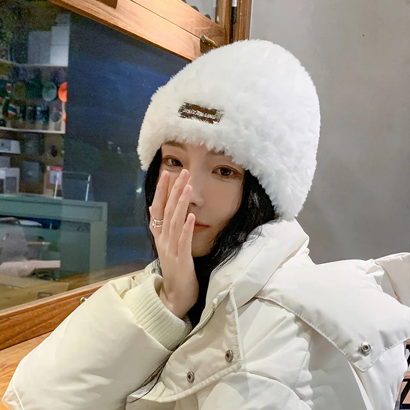 Winter New Thick Women Solid Color Soft Thicken Plush Beanies Hat Korean Ladies Girls Ski Skate Ear Warm Caps_voghion.com