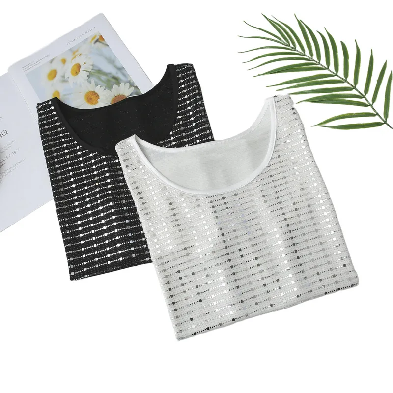 100kg Plus Size Women's Tank Top Temperament Sequin Vest With Base Sleeveless T-shirt 628