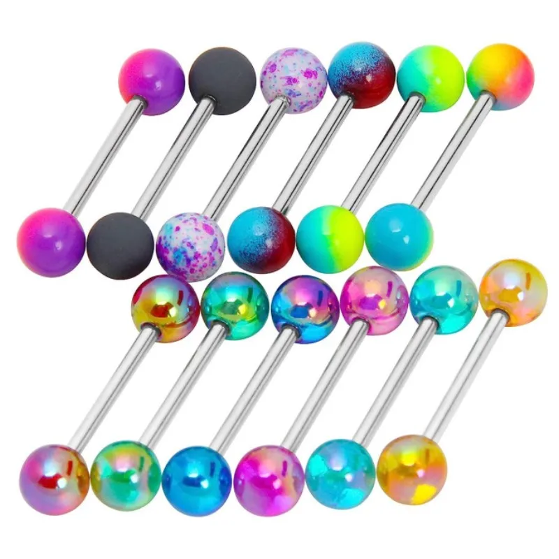 12pcsColorfulBallTongueRingsStainlessSteelBarbellTongueRingRetainerorNippleRing14G