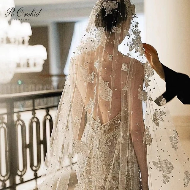 Weddingdress Store Bling Bridal Veil Sparkly Champagne Cathedral Sequined Wedding Veil with Comb