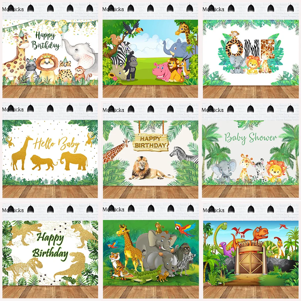 Mocsicka CUSTOM Rainforest Animals Wild One Backdrops Children Happy Birthday Party Photography Background Cake Table Banner