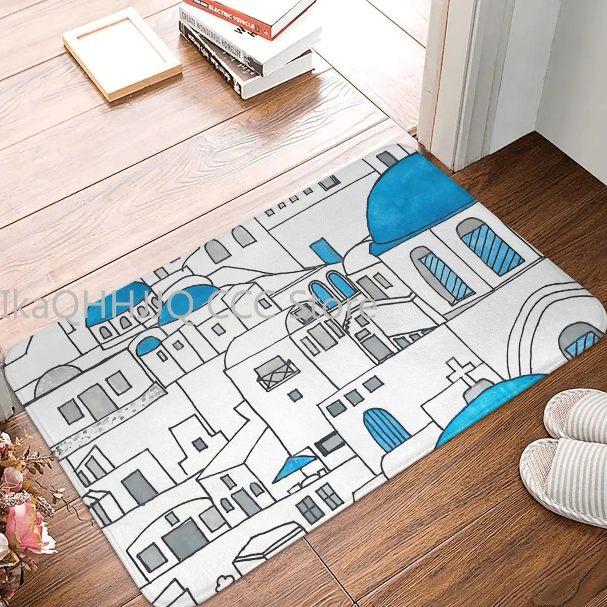 

Non-slip Doormat Living Room Mat Santorini Blue And White Paradise Hallway Carpet Welcome Rug Bedroom Decor