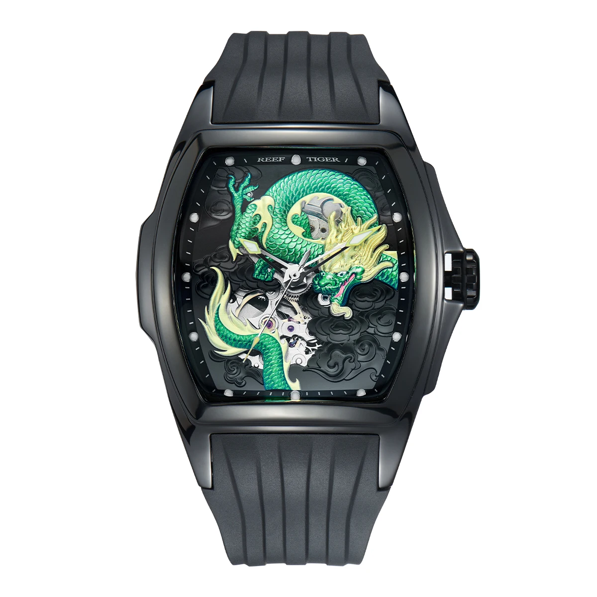 

Reef Tiger Men Automatic Watch Luxury Tonneau Mechanical Wristwatch Sapphire Mirror Skeleton Luminous Dragon Dial RGA3061