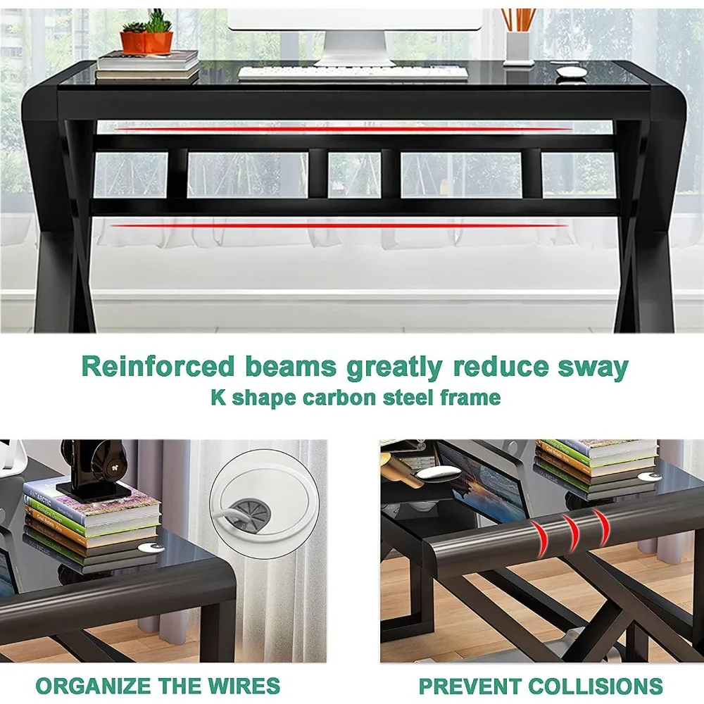 Computer Desk Home Office Desks, 55.1 Inch Modern Simple Office Black Glass Desk Computer Table Study Gaming Writing Desk, Fash 5