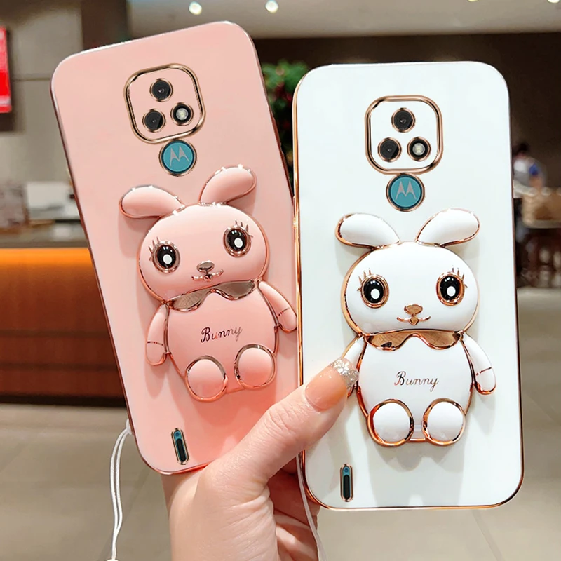 3D Rabbit Astronaut CaseFor Motorola Moto G53 E7 G8 Power G9 Play G50 G20 G30 G60 G82 E20 Edge 20 Folded Bracket Plating_voghion.com
