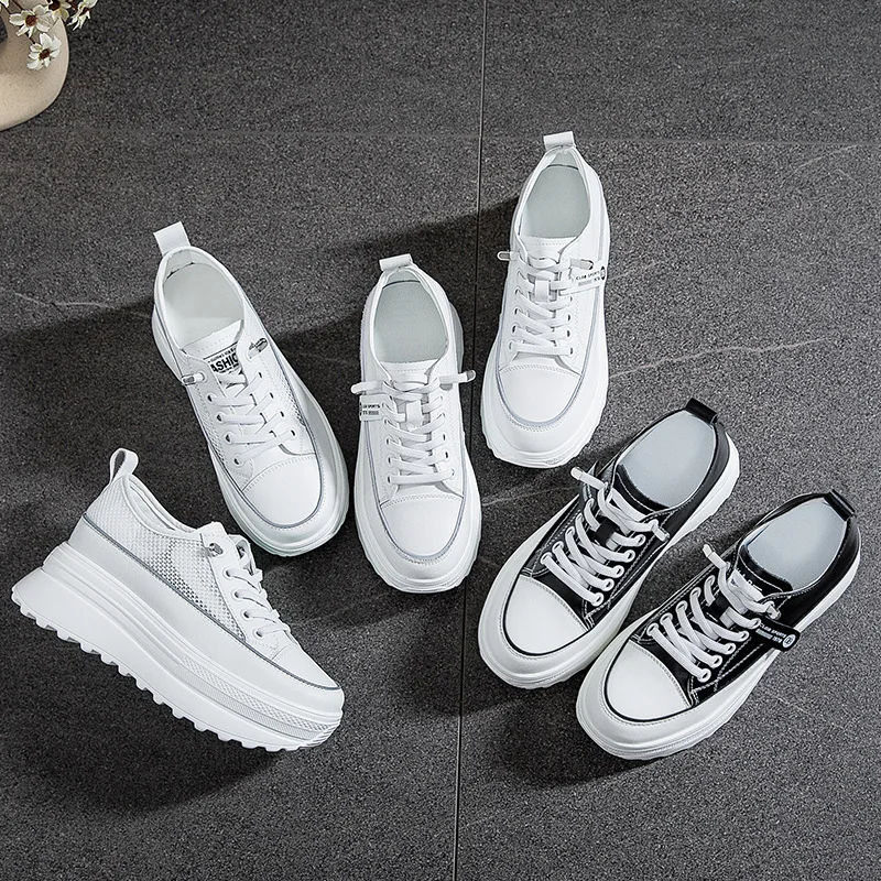 Spring and Autumn Leather Wedge Shoes Breathable and Comfortable White Casual Thick-soled Sneakers Fashion Running Shoes