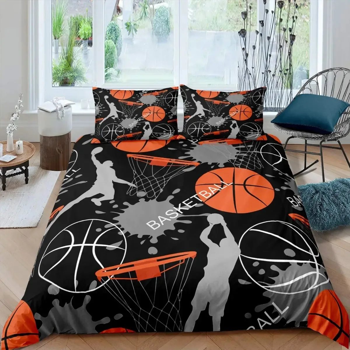 3D Cartoon Basketball Bedding Set for Boys - Polyester Duvet Cover, Bedspread, and Pillowcase Combo