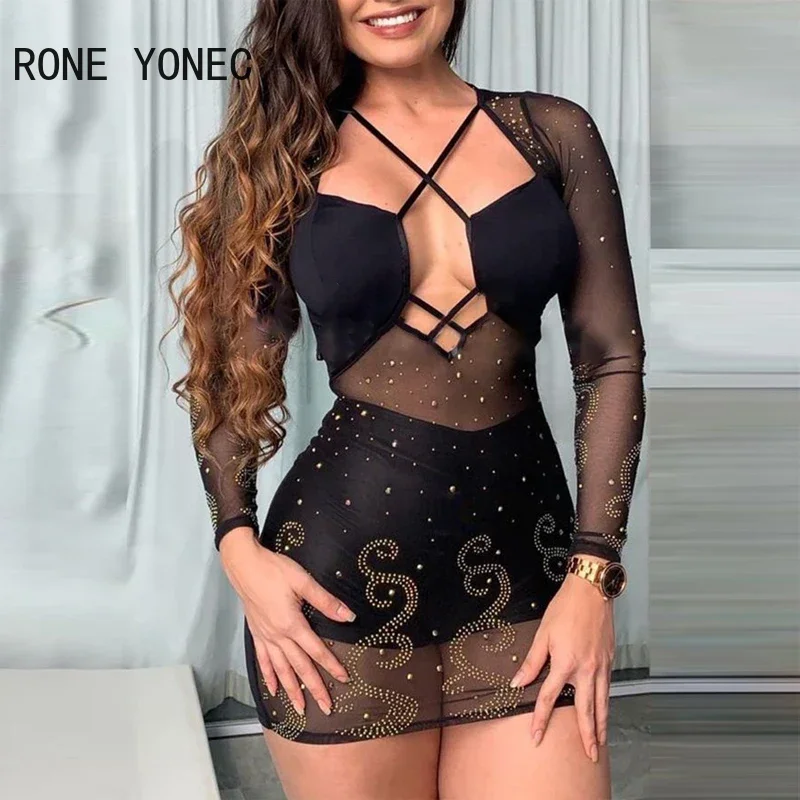 

Women Solid Sexy Asymmetrical Neck Lace Up Hollow Out Rhinestone Long Sleeves Bodycon Mini Sexy Party Dresses Set