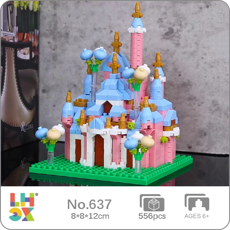 Lhcx 637 World Architecture Amusement Park Castle Tower Balloon Flower Garden Diy Mini Diamond Blocks Mattoni Building Toy No Box