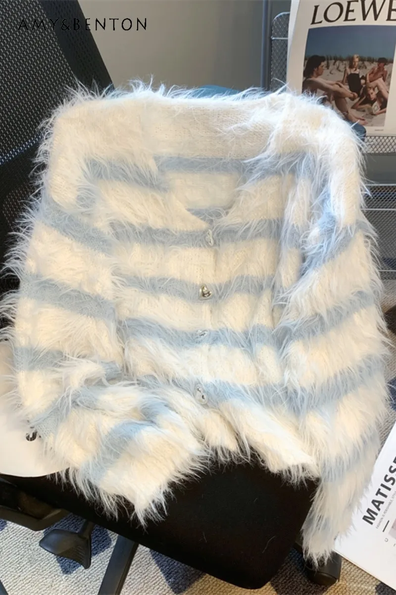 

Elegant V-neck Mink Fur Knitted Coat for Women's Loose Striped Cardigan Sweater Jacket Women's 2023 New Autumn Winter Clothes