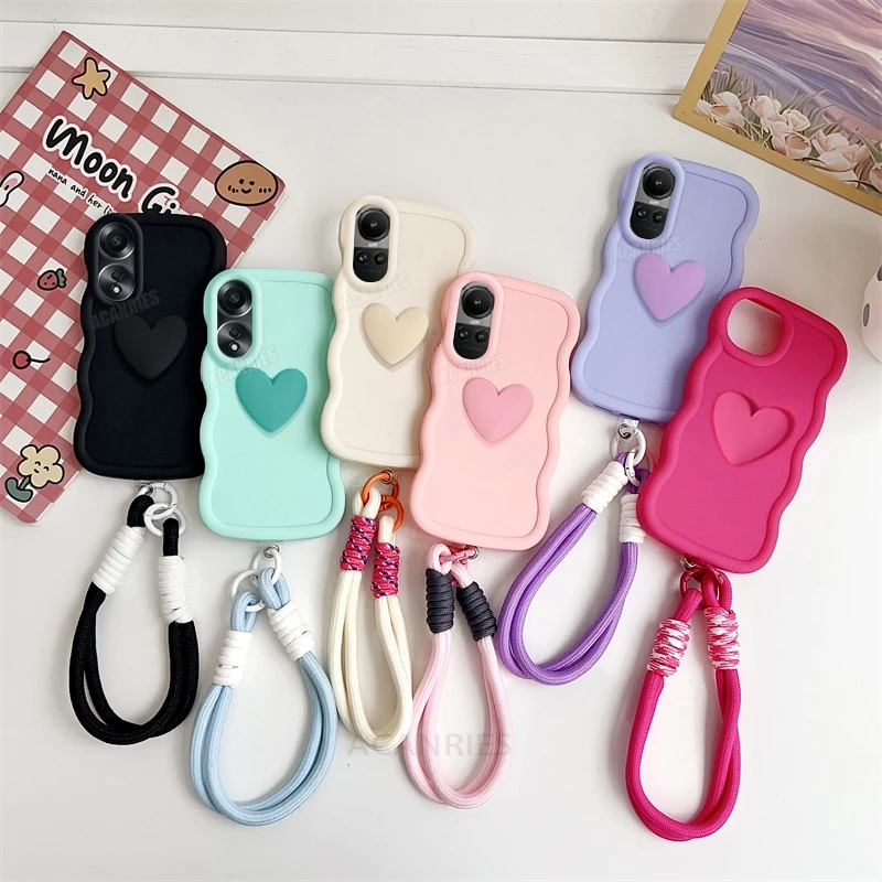 Love Heart Wavy Silicone Case with Lanyard Wrist Strap Cover