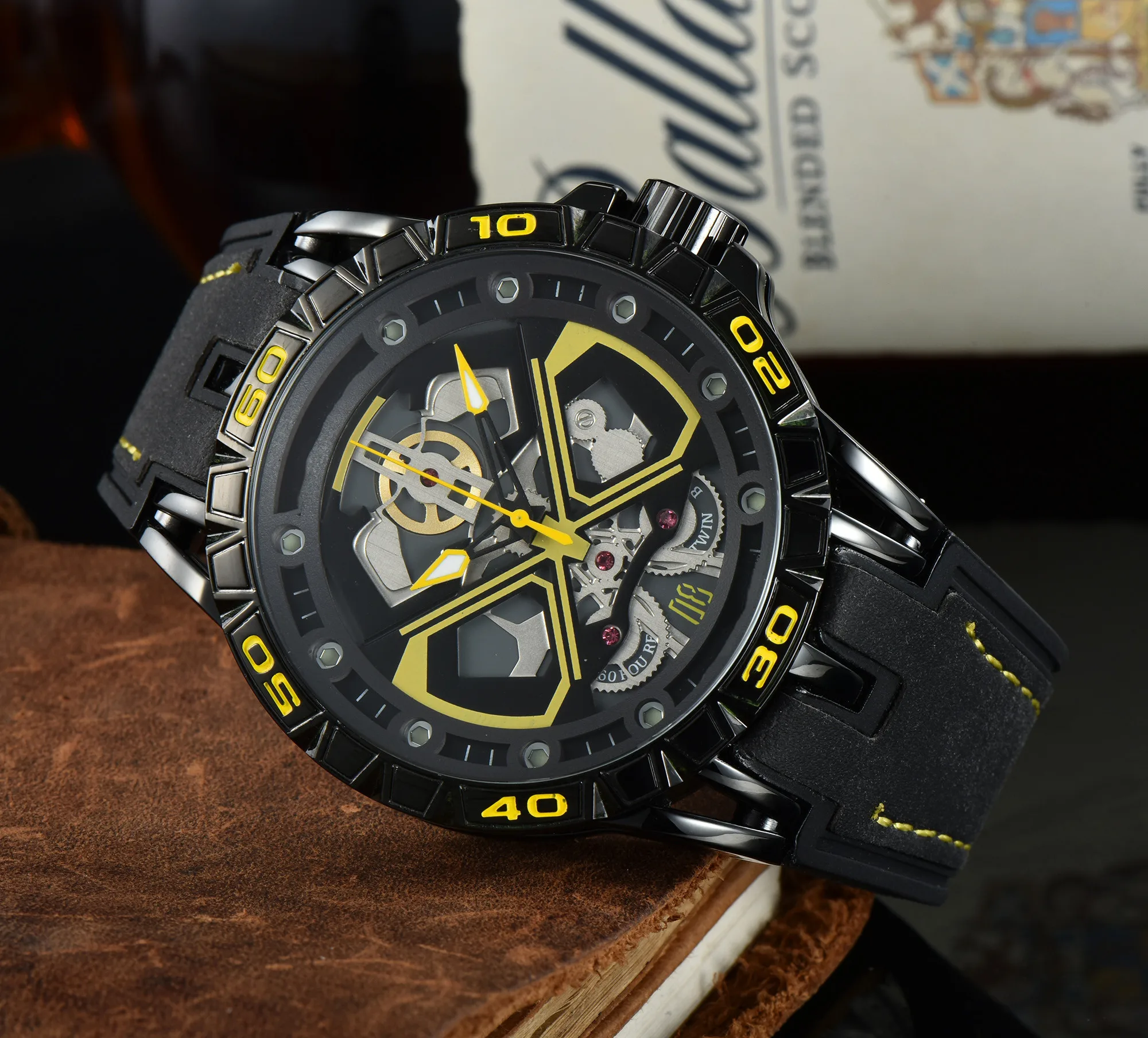 Mix 8 Colors Brand New RJ Luxury Sport Quartz Bell Multifunction Watch Business Leather Man Calendar Round Wristwatch