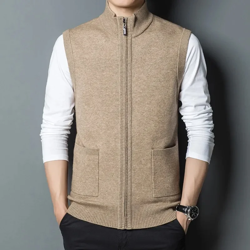 

Autumn Winter New Men's Padded Zipper Cardigan Vest Business Casual Soft Fabric Wool Sleeveless Male Brand Clothing