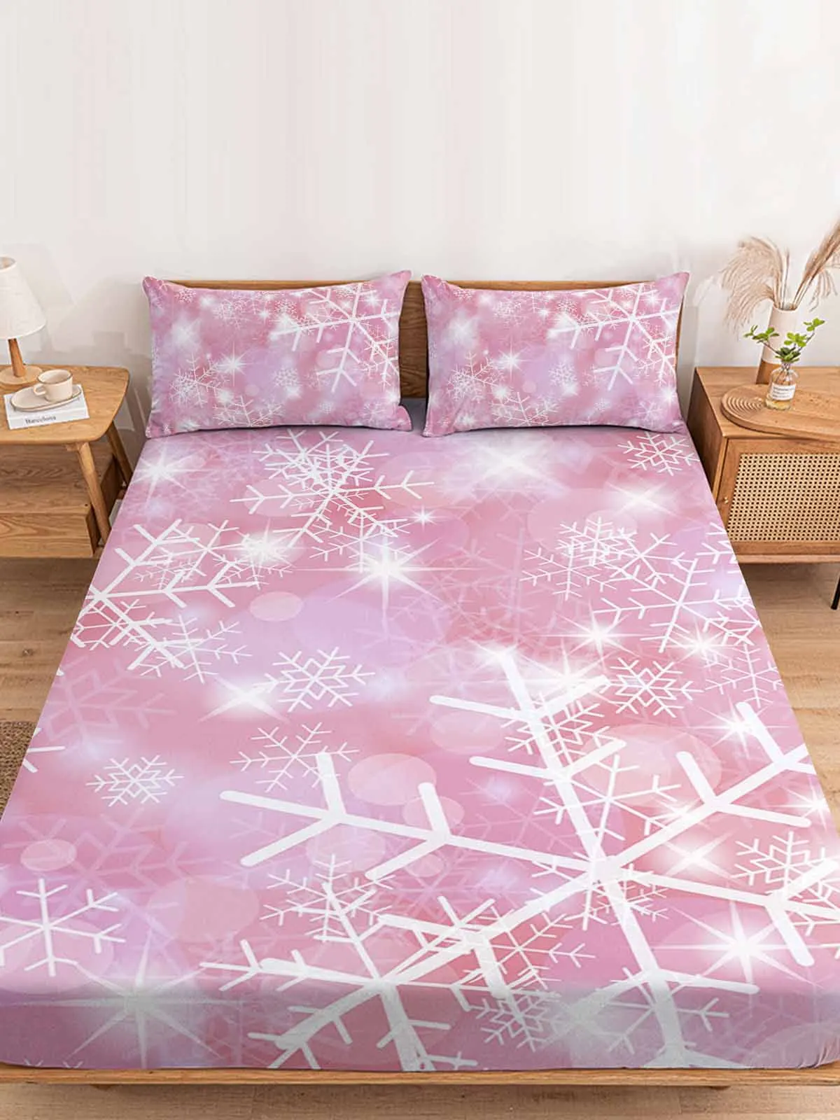 

Christmas Pink Snowflakes Polyester Fitted Sheet Mattress Cover Four Corners Elastic Band Bed Sheet With Pilllowcase