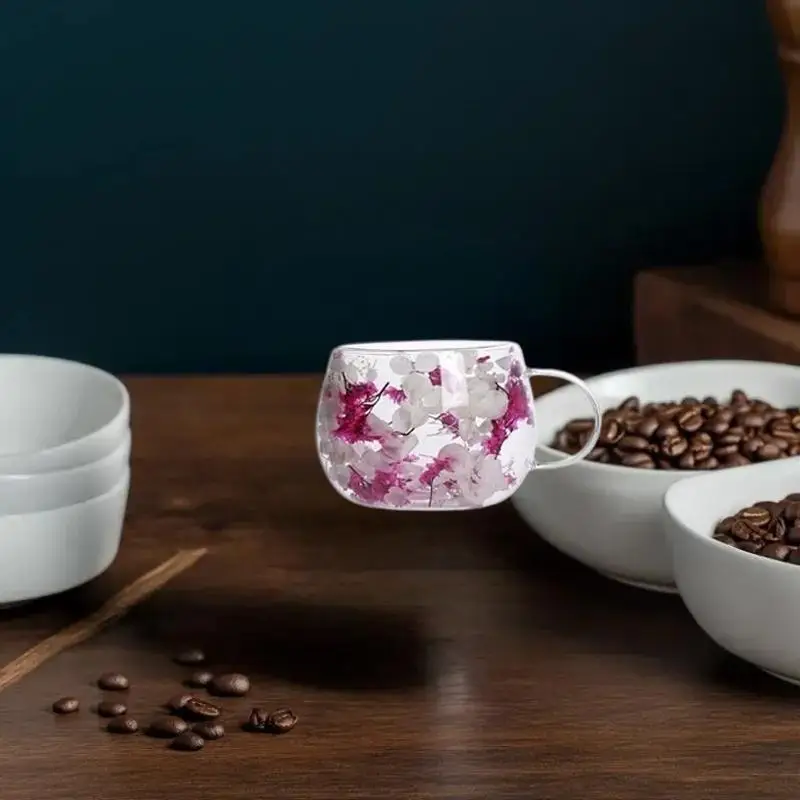 Elegant Double-Layer Glass Cup with Dried Flower Embellishment, Heat-Resistant