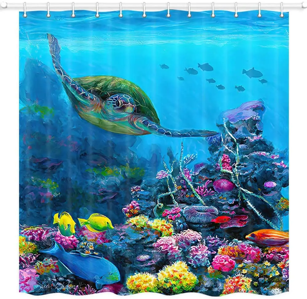 

Turtle Oil Painting Shower Curtain Turtle in Deep Ocean with Coral Bathroom Curtains Polyester Waterproof Bath Decor Hooks