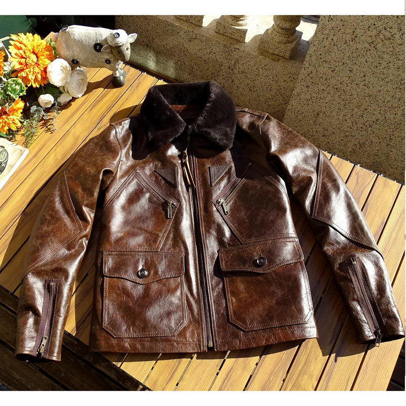 Free shipping.Retro Brown navy thick winter warm leather outwear.Men vintage tanned cowhide jacket.plus size thick leather coat