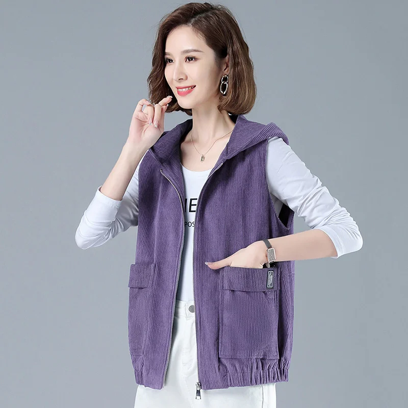 

Women's Corduroy Waistcoat Vests, Casual Female Tops, Zipper Pocket, Loose, Outerwear, Joker, Spring, Autumn, New, 2023