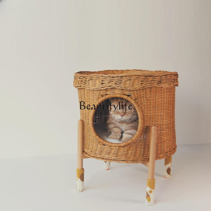 

Handmade Real Rattan Cat Sharing round Tea Table Cat Nest Side Cabinet