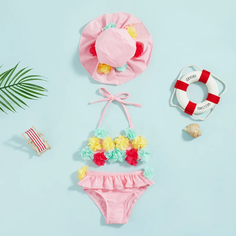 New 0-24 Months Infant Baby Girls 3 Pcs Swimsuits Flower Tie-Up Halter Neck Tanks Ruffles Shorts + Sun Hat Kids Bikini Set