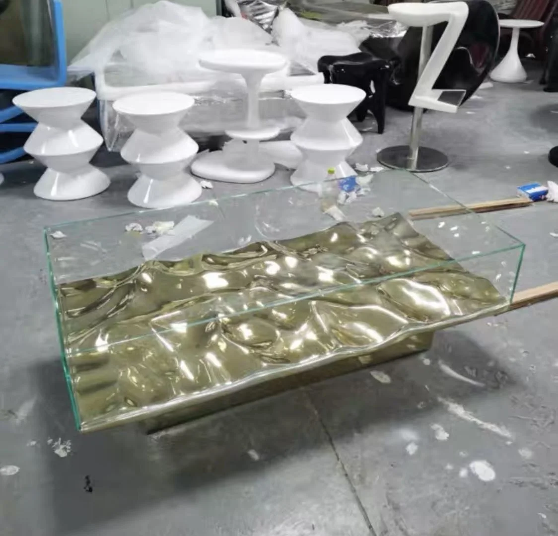 Nordic Style Artistic Modern Luxury FRP Base Water Ripple Wave Shape Irregular Shaped Glass Mirrored Coffee Table Tea Table