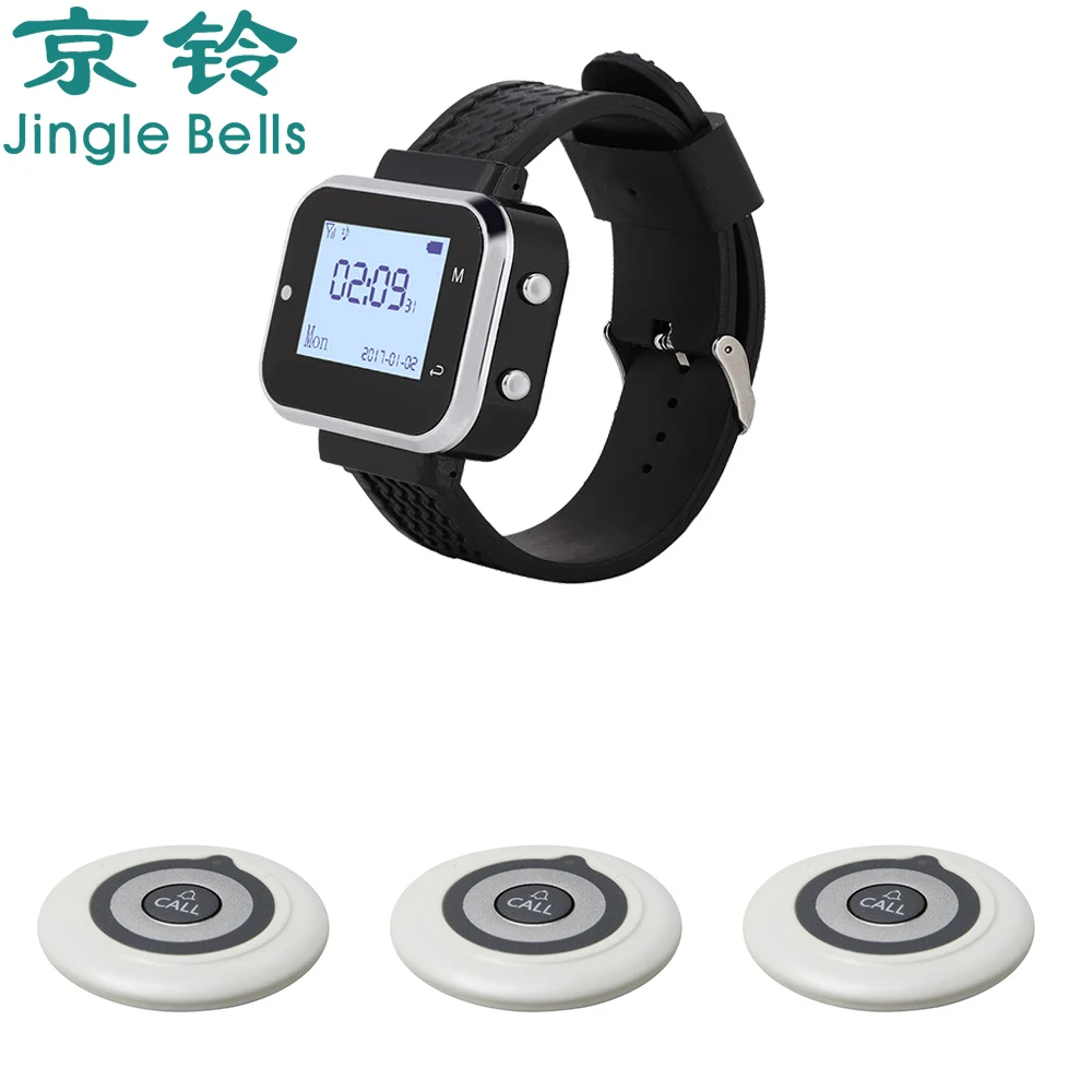Wireless Calling System JINGLE BELLS 1 Call Button 1 Watch Pager Receiver Wireless Service Bells Restaurant Guest Calling Systems Hotel