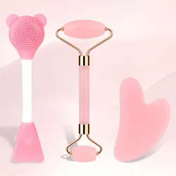 Portable Jade & Rose Quartz Facial Roller and Scraping Board Set - Revitalizing Skin Care & Beauty Tools for Face, Neck, and Body Massage (Pink)