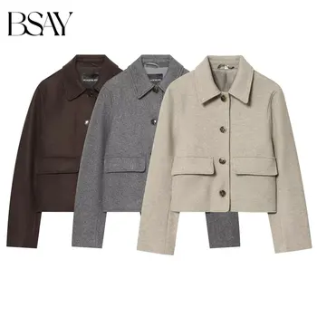 BSAY Veste Courte Élégante pour Femme de Bureau, Col Revers, Simple Boutonnage, Poches Plaquées, Coupe Ample, Couleur Unie, Manteau Court d'Automne