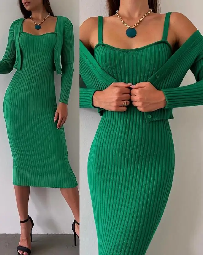 Elegant Women's Sets 2023 Ribbing Sleeveless Sweetheart Neck Bodycon Long Dress with Cardigan Stylish Slim Fit Dress Suit