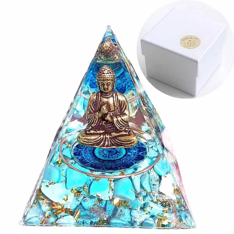 

Handmade Blue Turquoise Buddha Orgone Pyramid Crystal Healing Orgonite 60mm Obsidian Rubble Pyramid Include Gift Box