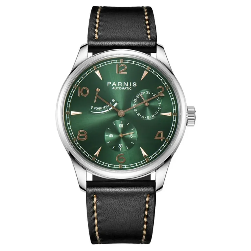 

New Parnis 41.5mm Green/Red Dial Mechanical Automatic Men Watch Leather Strap Calendar Men's Waterproof Wristwatches