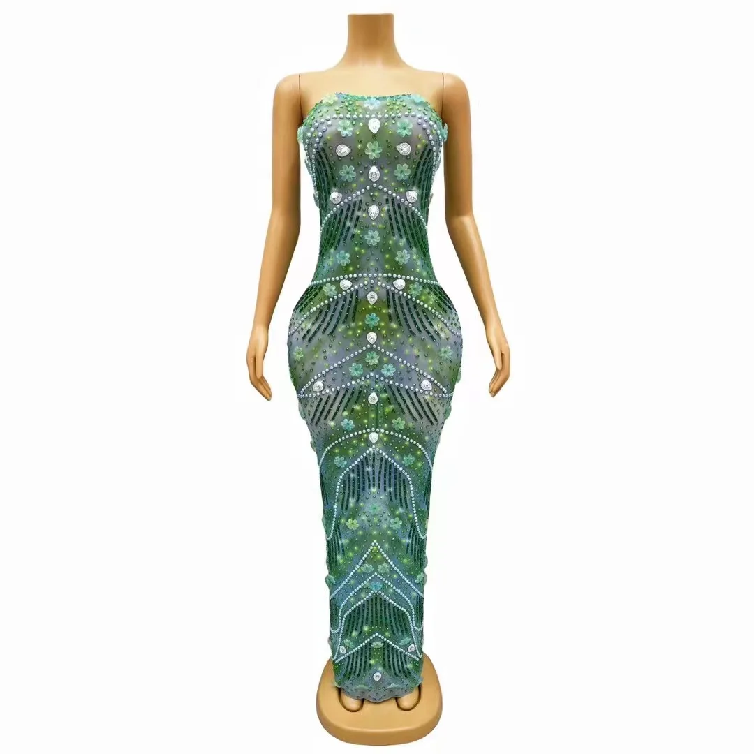 

Green Blue Rhinestones Flower Dress Birthday Celebrate Evening Club Dance Costume Sexy Stage Team Performance Photoshoot Dress