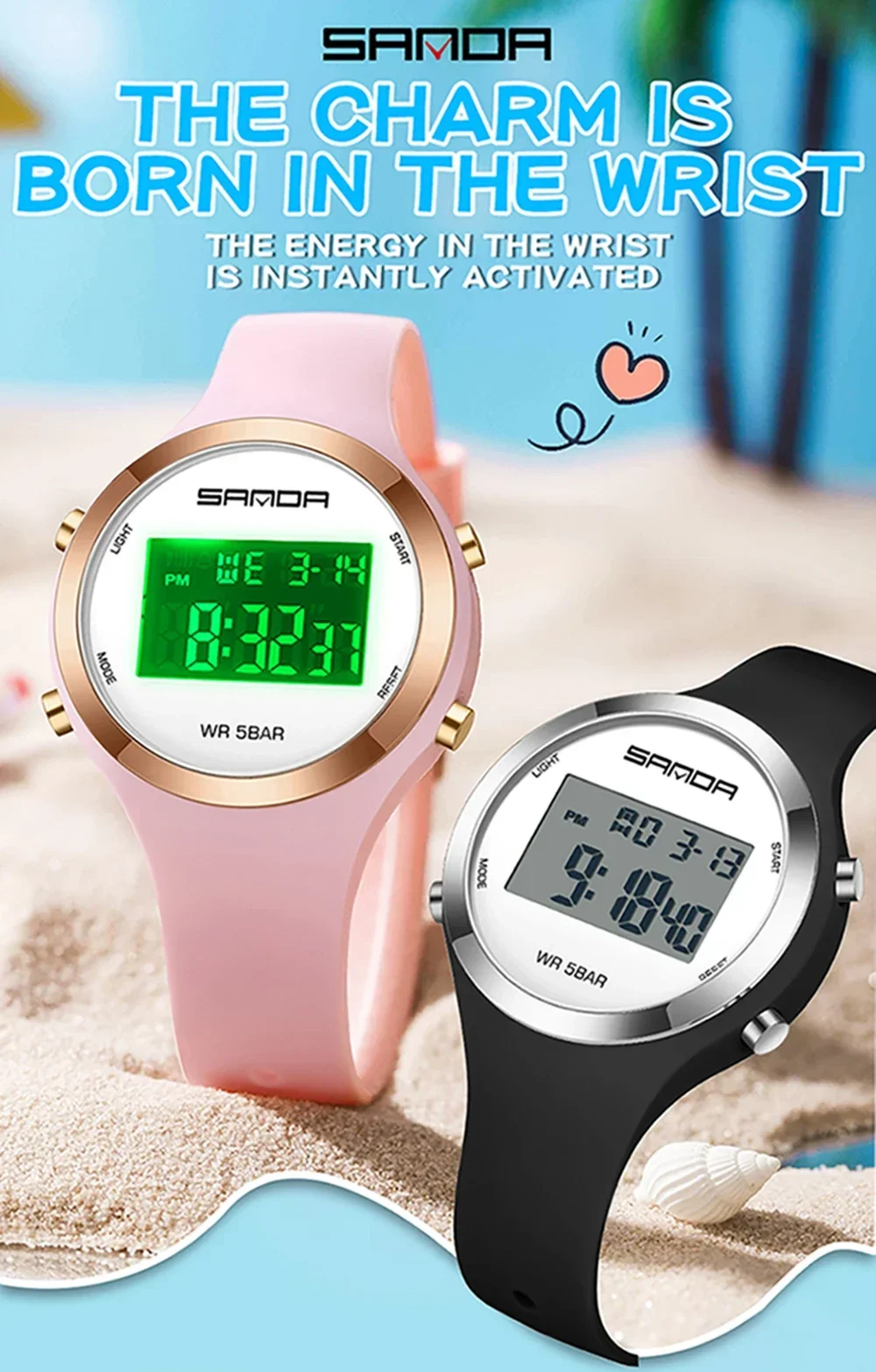 SANDA 2147 Montre numérique élégante et étanche pour femmes, chronographe LED, montre-bracelet de sport pour femmes, cadeau pour garçons et filles_voghion.com