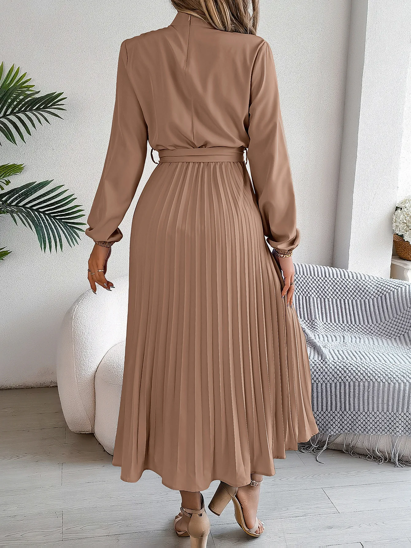 Solid Stand up Collar Bridesmaid Dress Spring Summer Casual Elegant Long Sleeve Waist Cinched Pleated Long Dresses for Women