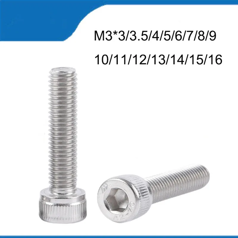

Free Shipping M3*3/3.5/4/5/6/7/8/9/10/11/12/13/14/15/16 50/100Pcs High Quality 304 Stainless Steel Hexagon Socket Head Cap Screw