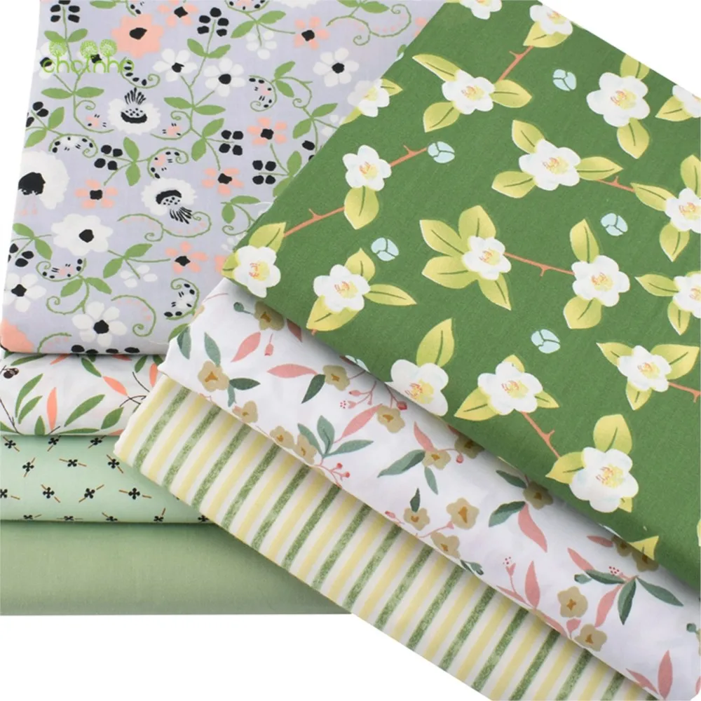 Chainho,Print Twill Weave Cotton Fabric,Patchwork Cloth,DIY Sewing Quilting Material,Green Floral Series,7 Designs,2 Sizes,CC083