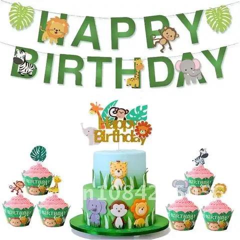

Happy Birthday Decorations Animal Cake Topper 1st Birthday Party Decorations Kids Cupcake Toppers Jungle Safari Party Supplies
