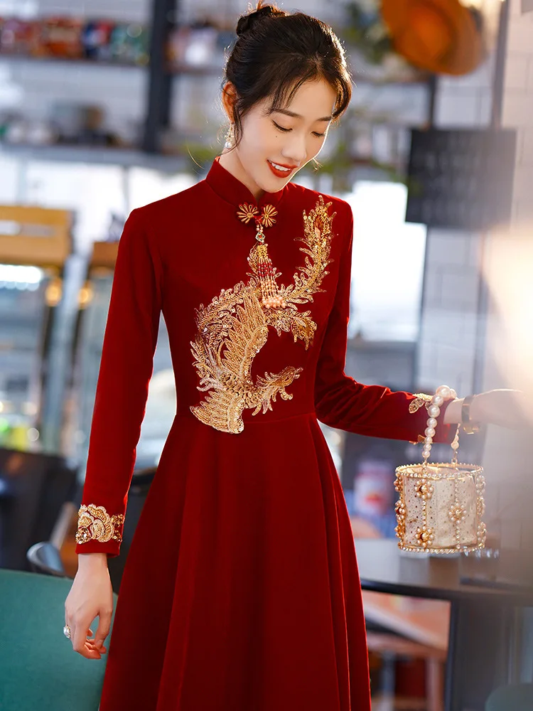 Phoenix Burgundy Formal Party Dress Oversize 6XL 7XL 8XL Velvet Chinese Style Cheongsam Bridal Wedding Dress Grace Vestidos