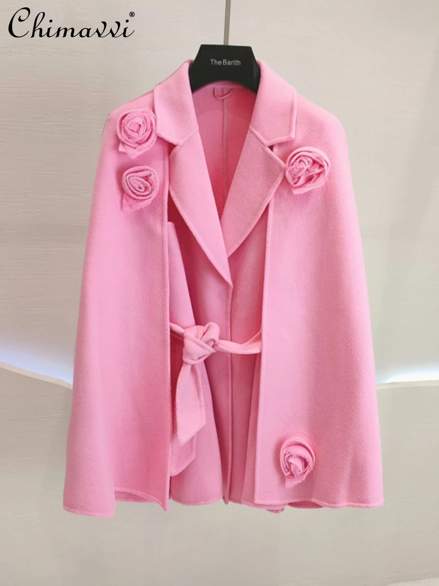 

2023 Winter Clothes New Women's High-End Double-Faced Woolen Coat Flower Plate Flower Cape Coats Loose Temperament Ladies Jacket